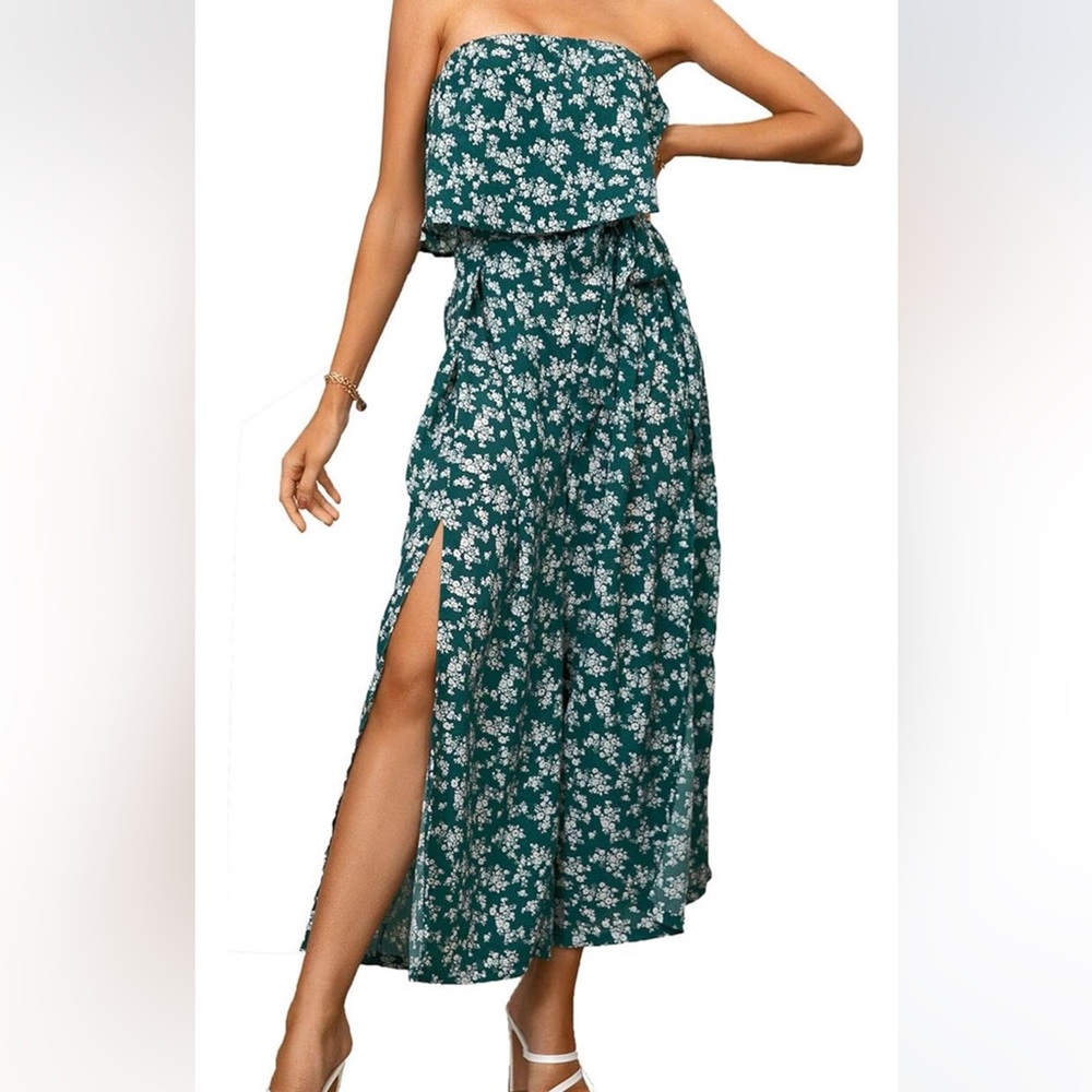Strapless Floral Jumpsuit - Casual, Sleeveless, Wide Leg Pant
